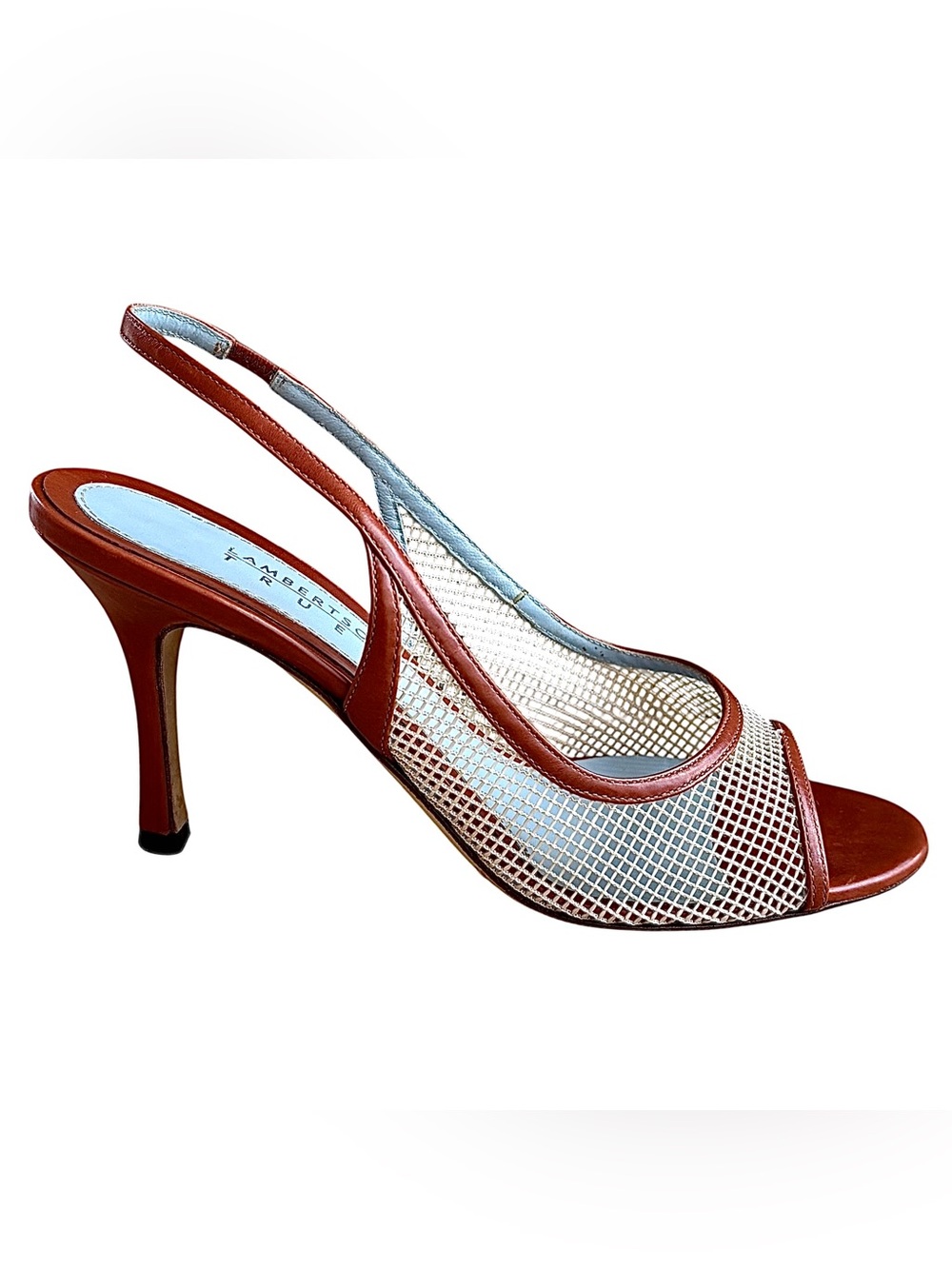 LAMBERTSON TRUEX Cognac Leather “Cage” Slingback Heels